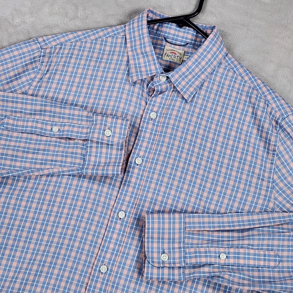 Faherty Brand Shirt Mens Large Blue Pink Check Long Sleeve Button Up Stretch